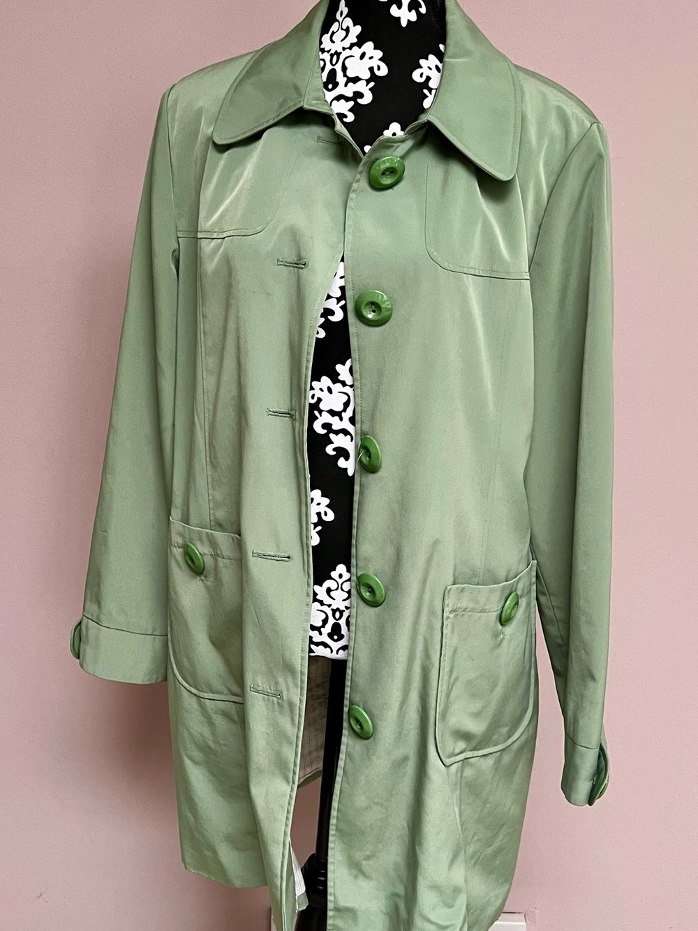 ESPRIT Sage Green Trench Coat Satin Lined Topper Vintage Jacket